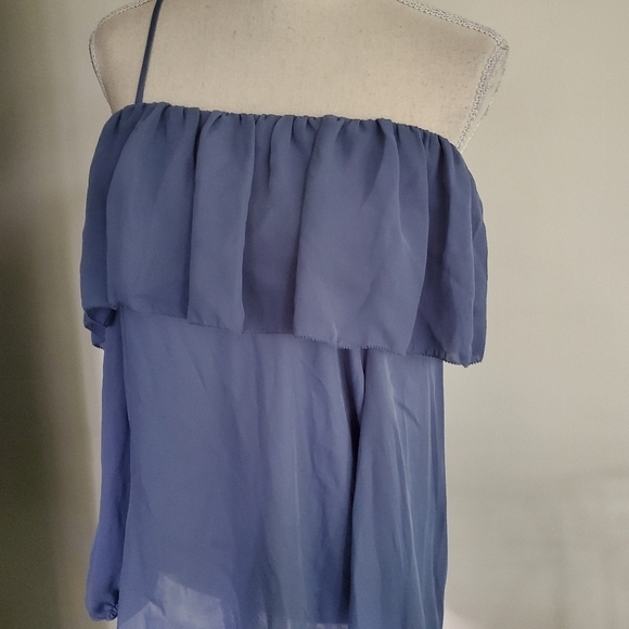 Parker Asymmetric Long Sleeved One Shoulder Blue Ruffle Blouse - Picture 4 of 10